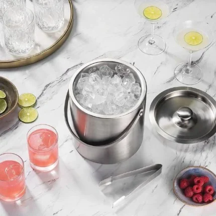 GLEDAM Silver Double Walled Stainless Steel 1.5 Litre Ice Bucket with Lid and Ice Tong 10 Hours, Bar Tools Home, Bar Accessories, Mini Bar : 1Pc